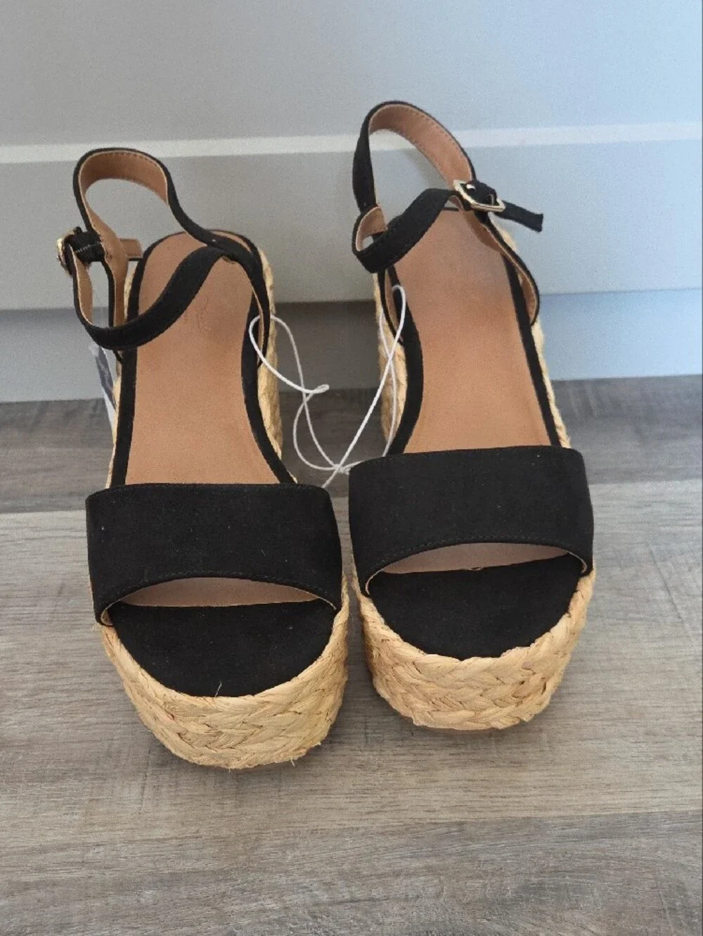 Women’s Black Espadrille Wedge Sandals with Ankle Strap, Size 5.5. New In Box